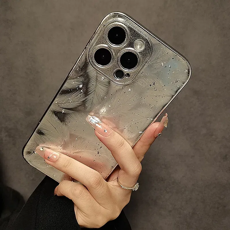 Color: Beige, Material: GENUINE LEATHER - Luxury Plating Feather Phone Cover For iPhone 12 Pro 14 13 11 15 Pro Max Hard Anti-drop Lens Protection Case For iPhone 15 Plus