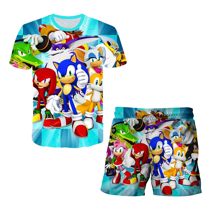 Color: Silver, Size: 10cm - New Japanese cartoon Sonic T-shirt children's top T-shirt shorts two-piece set summer boy cartoon cute T-shirt+beach pants