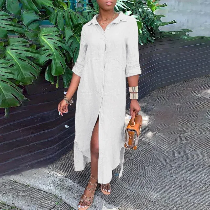 Color: WHITE, Size: M - Long Shirt Dress Women Autumn Cotton Linen Leisure Turn Down Collar Maxi Dresses Female Elegant Loose Beach Spring Vestidos