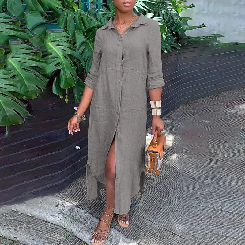 Color: WHITE, Size: M - Long Shirt Dress Women Autumn Cotton Linen Leisure Turn Down Collar Maxi Dresses Female Elegant Loose Beach Spring Vestidos