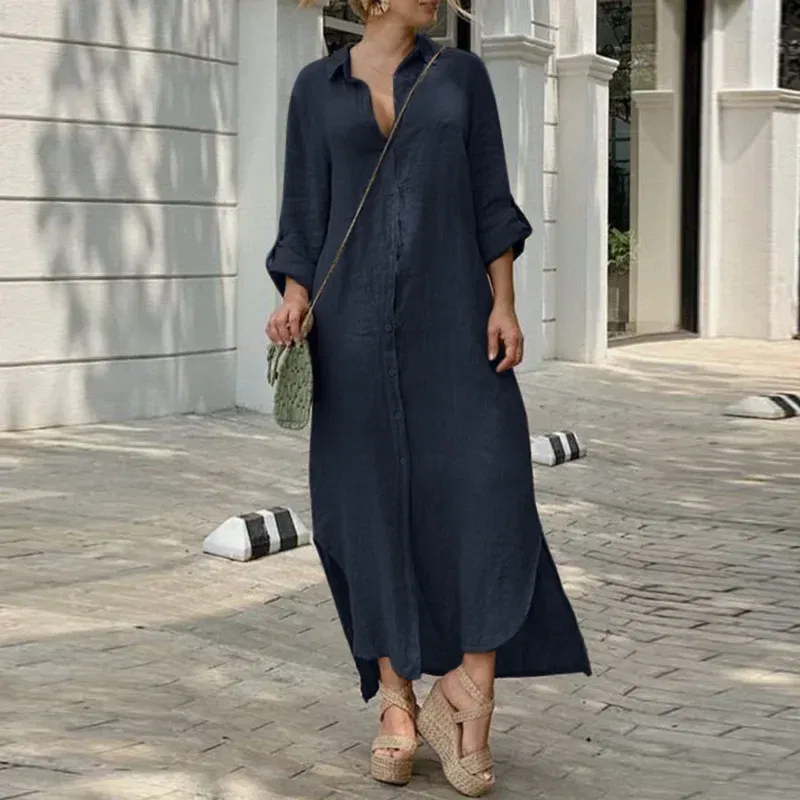 Color: WHITE, Size: M - Long Shirt Dress Women Autumn Cotton Linen Leisure Turn Down Collar Maxi Dresses Female Elegant Loose Beach Spring Vestidos