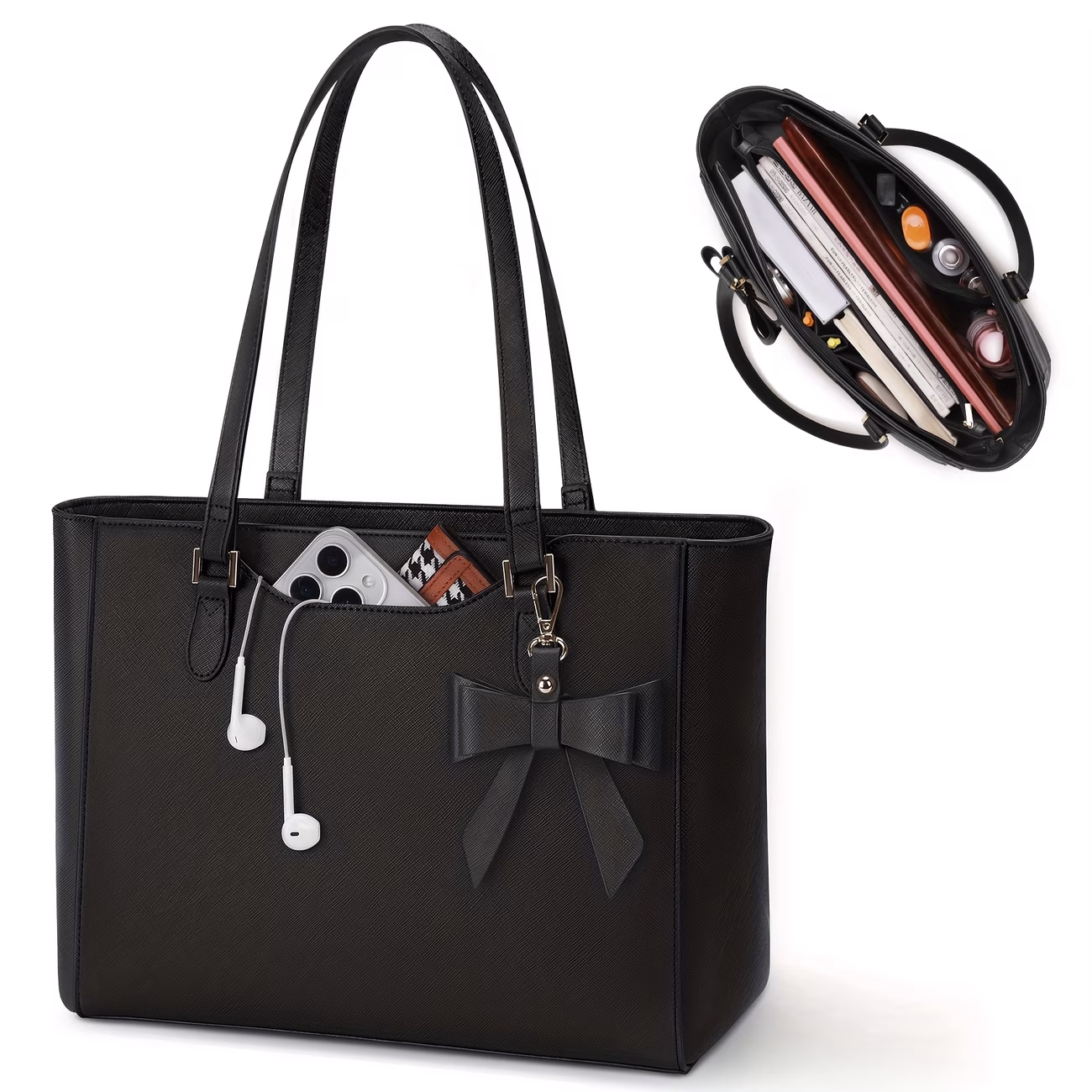 RAINSMORE Laptop Bags for Women Business Bag – Ladies Large Capacity Tote Bag, Job Hunting A4 Support Recruitment Bag, Self-Supporting Shoulder Formal Bag Handbag Commuter Women Job Interview with Bow Tie