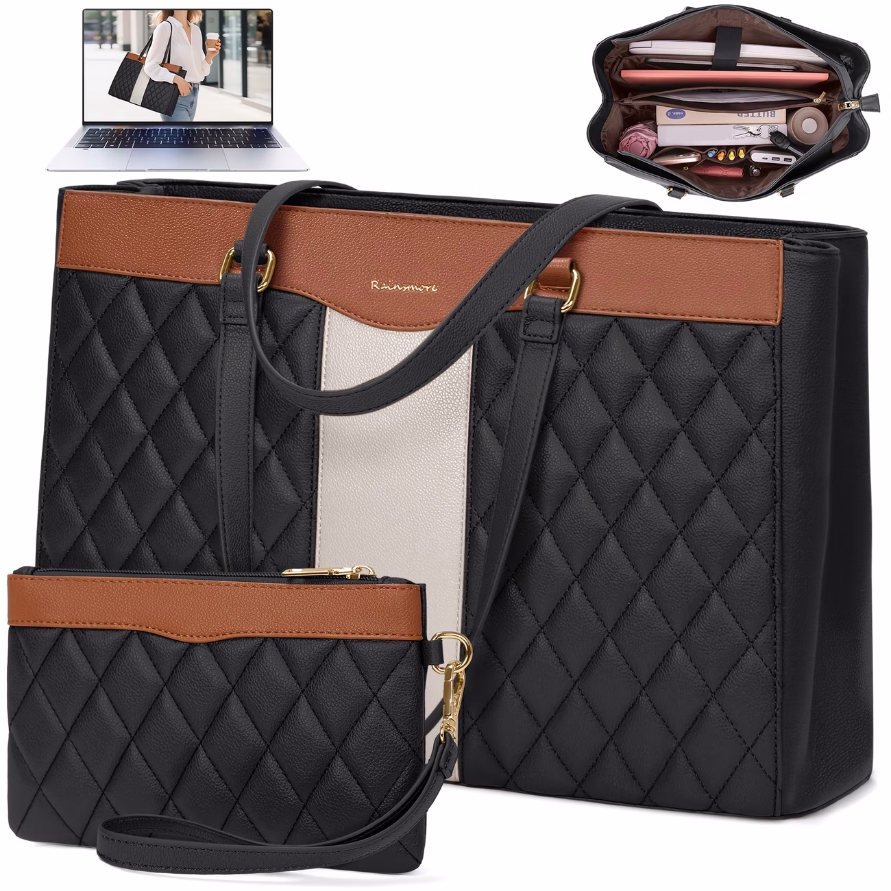 RAINSMORE Women's Laptop Tote Bag – Casual Work Bag for 15.6-Inch Laptops, Made of Soft Material, Suitable for Professional Office Use, Large Enough for Teachers' Travel, and Perfect As a College Bag