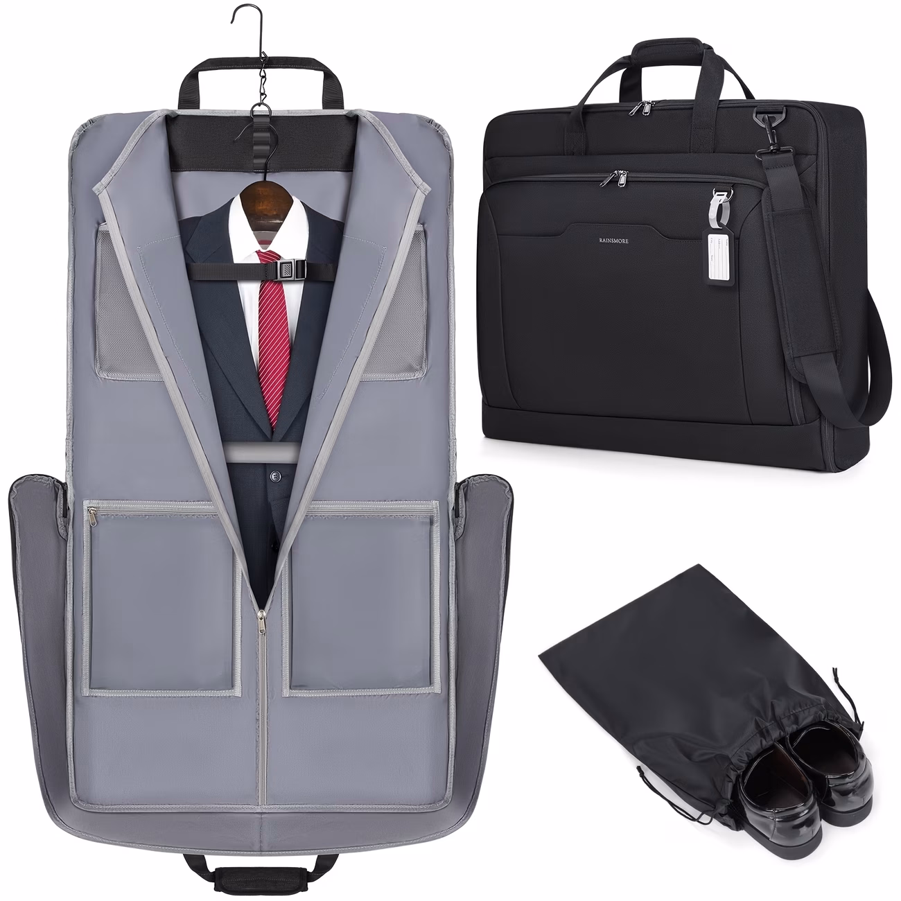 RAINSMORE Garment Bags for Travel – Carry On Garment Bag for Hanging Clothes, Suit Bag for Business Trips with Shoes Bag & Shoulder Strap, Foldable Suit Luggage Bag for Men and Women
