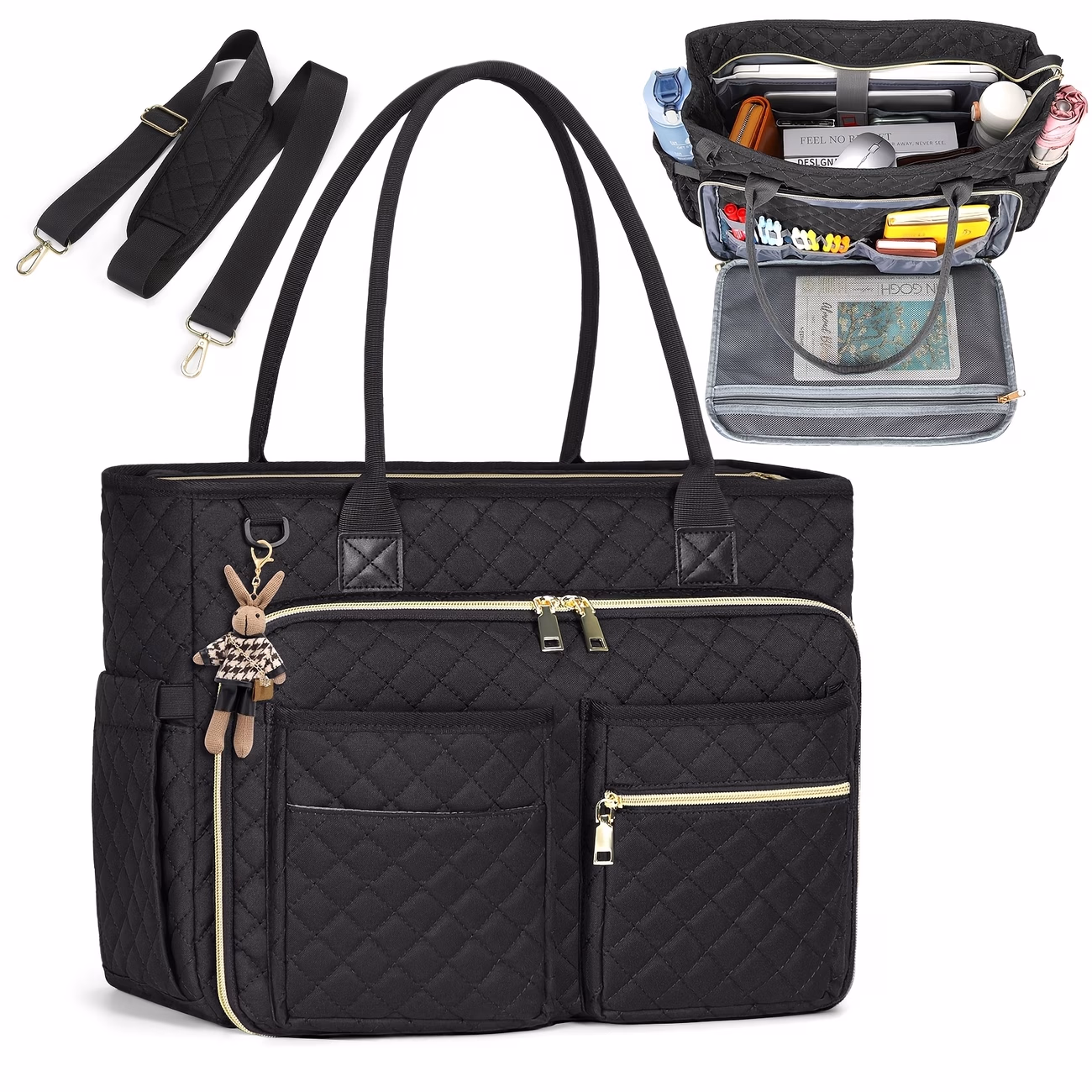 RAINSMORE Laptop Briefcase with Rabbit Charm – Teacher’s Tote Bag, 15.6-Inch Laptop Bag (For Women), Work Bag, Laptop Handbag, Nurse Bag, Professional Computer Crossbody Bag (With Insulated Pocket), Suitable for Office, College, and Nursing Use