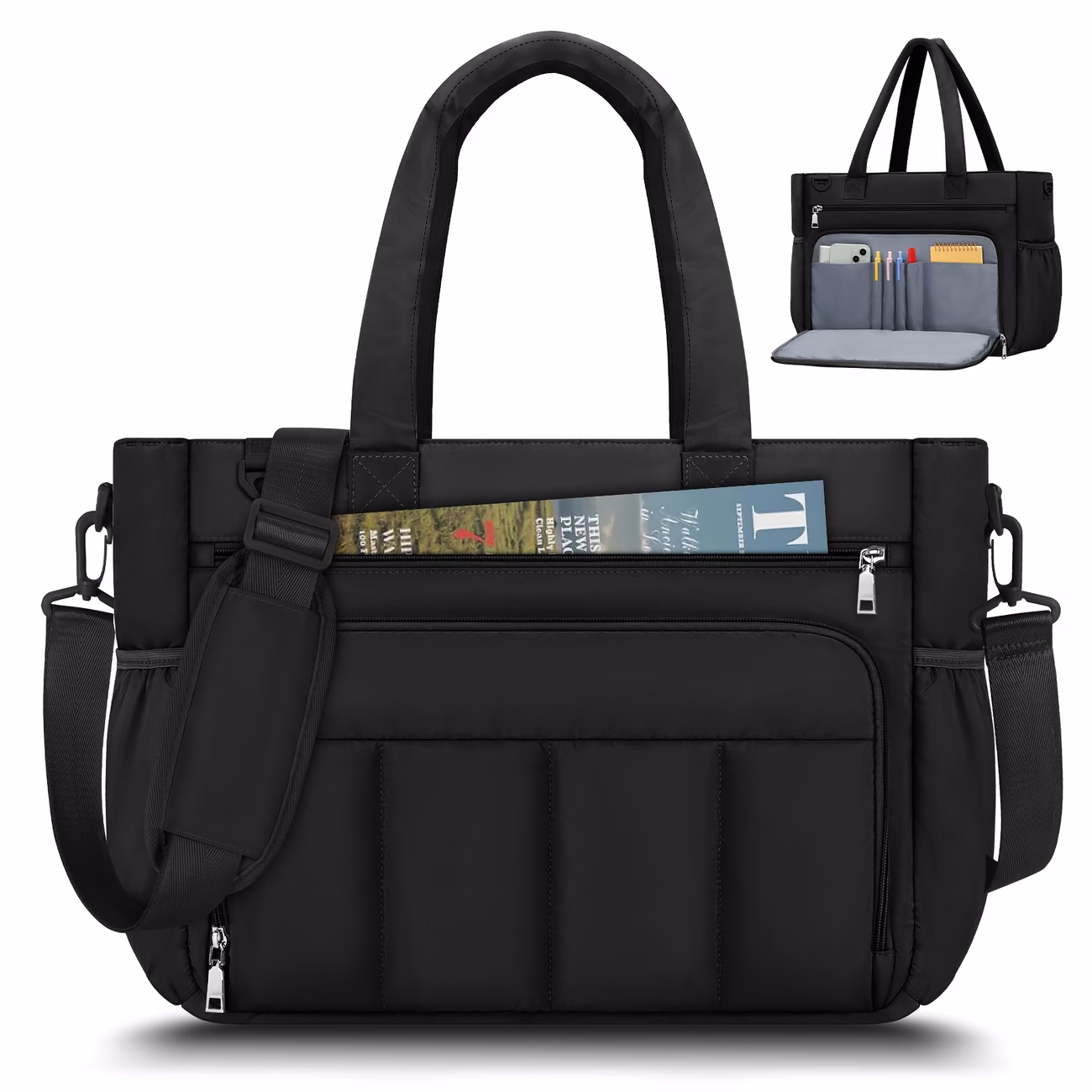 RAINSMORE Women's Tote Bag – Laptop Bag for Women, 39.62 cm Puffy Teacher Nurse Tote Bag, Work Computer Messenger Shoulder Bags with Insulated Pocket, Quilted Purse Handbag for College, Office, and Travel