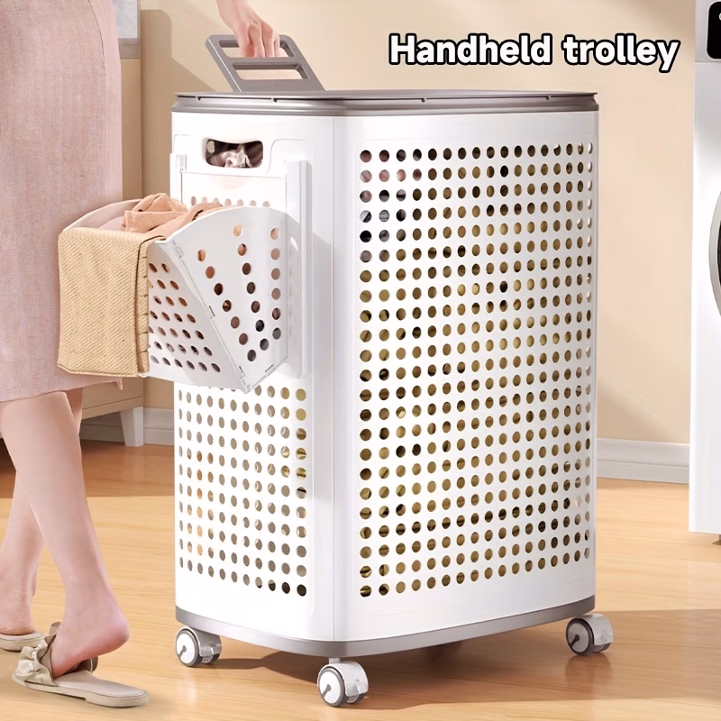 JOYBOS Foldable Medium/Large White Laundry Basket with Lid – Multi-Functional Portable Dirty Clothes Hamper with Wheels for Bathroom & Balcony Storage
