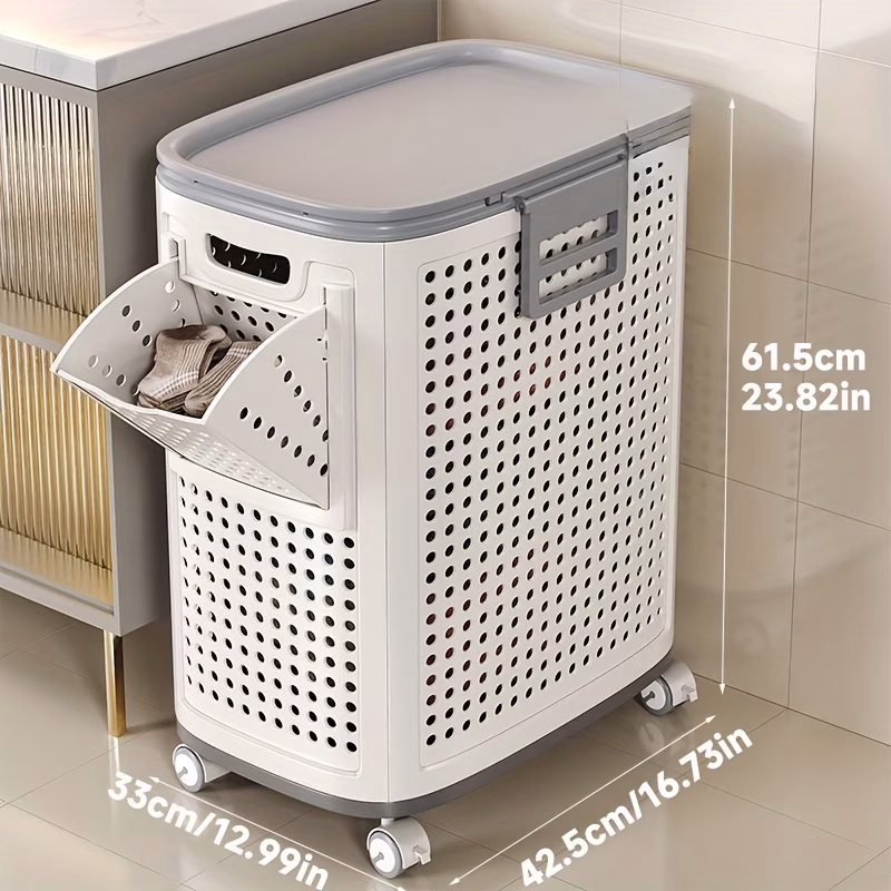 JOYBOS Foldable Medium/Large White Laundry Basket with Lid – Multi-Functional Portable Dirty Clothes Hamper with Wheels for Bathroom & Balcony Storage