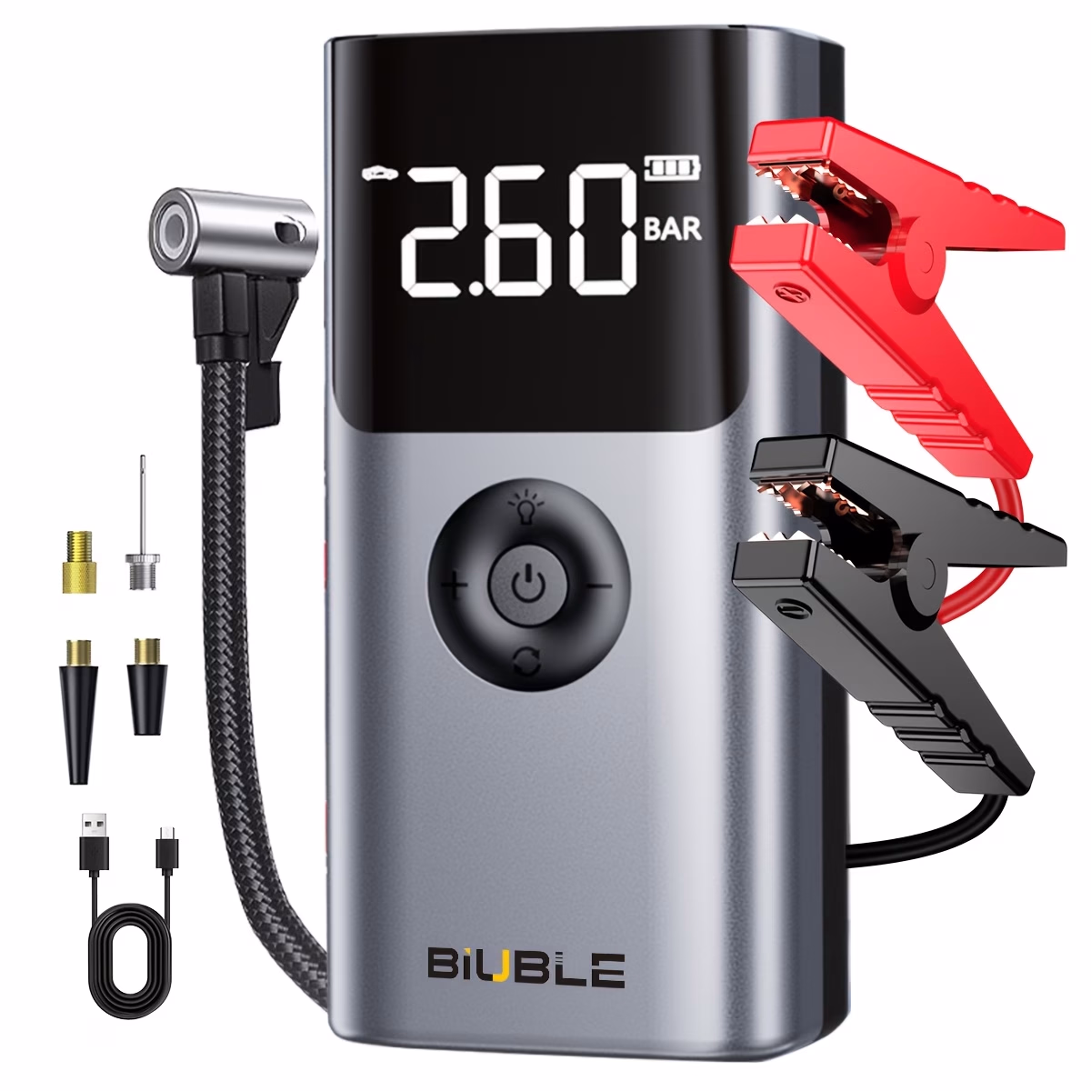 BIUBLE 8000A Peak 2-in-1 Car Jump Starter – With Air Compressor, Display Screen, Smart Jump Clamps, Inflation Accessories, LED Light | Suitable for All Gasoline and Diesel Engines – Motorcycle, SUV, Pickup, Truck | Quick Start for Dead Battery