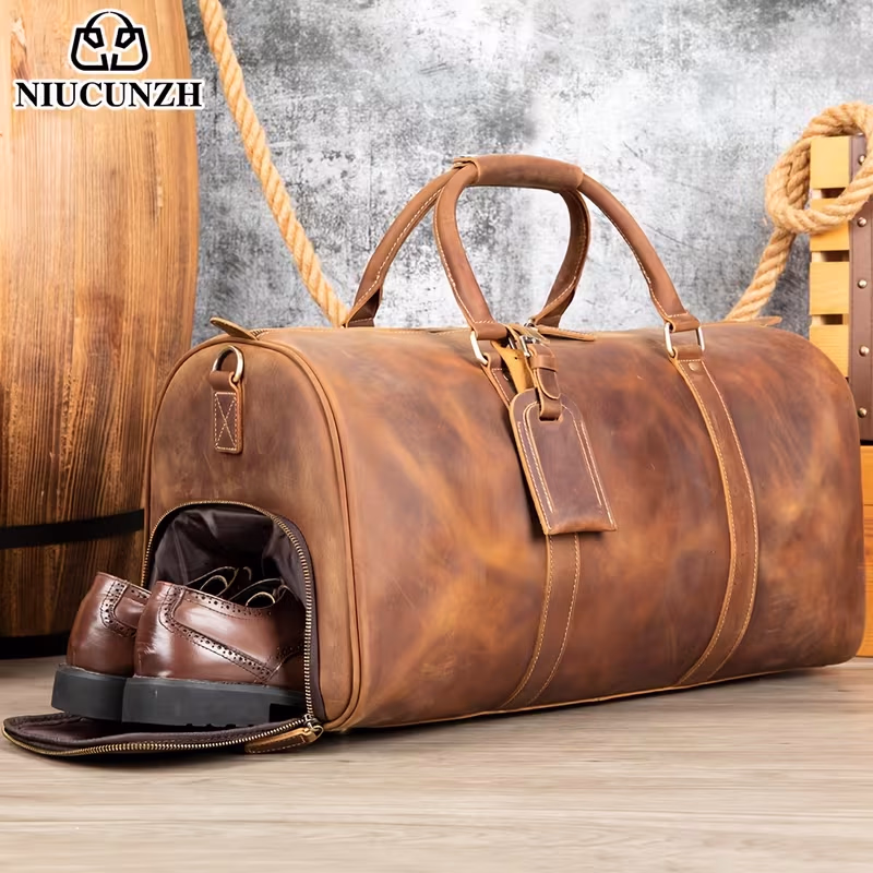 NIUCUNZH Men’s Genuine Leather Handbag – Crazy Horse Genuine Leather Tote Bag with Adjustable Shoulder Strap, Suitable for Travel, Business Trips, and Vacations, the Perfect Christmas Holiday Gift, Short Trip Bag, Gym Bag