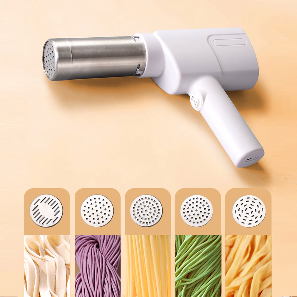 FEIYBA Electric Pasta Machine – Pasta Maker, Free Your Hands, Home Mini Handheld Wireless Noodle Machine, Multi-Functional for 5 Types of Pasta Shapes, Gift for Relatives, Colleagues, and Elders, Portable Appliance, Wireless Operation, Durable Material