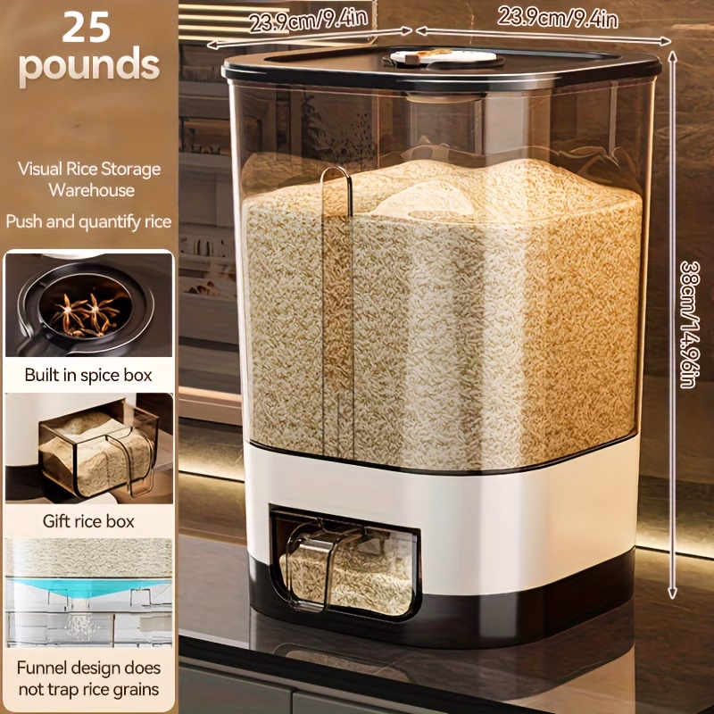 LDQ® 6.35/11.34KG Jin Automatic Rice Dispenser with Cup – Large Capacity, Moisture-Proof and Sealed Rice Storage Container, Suitable for Rice, Grains, Flour, Kitchen Supplies, Pet Cat and Dog Food Storage Container, Ideal for Kitchen and Home Use