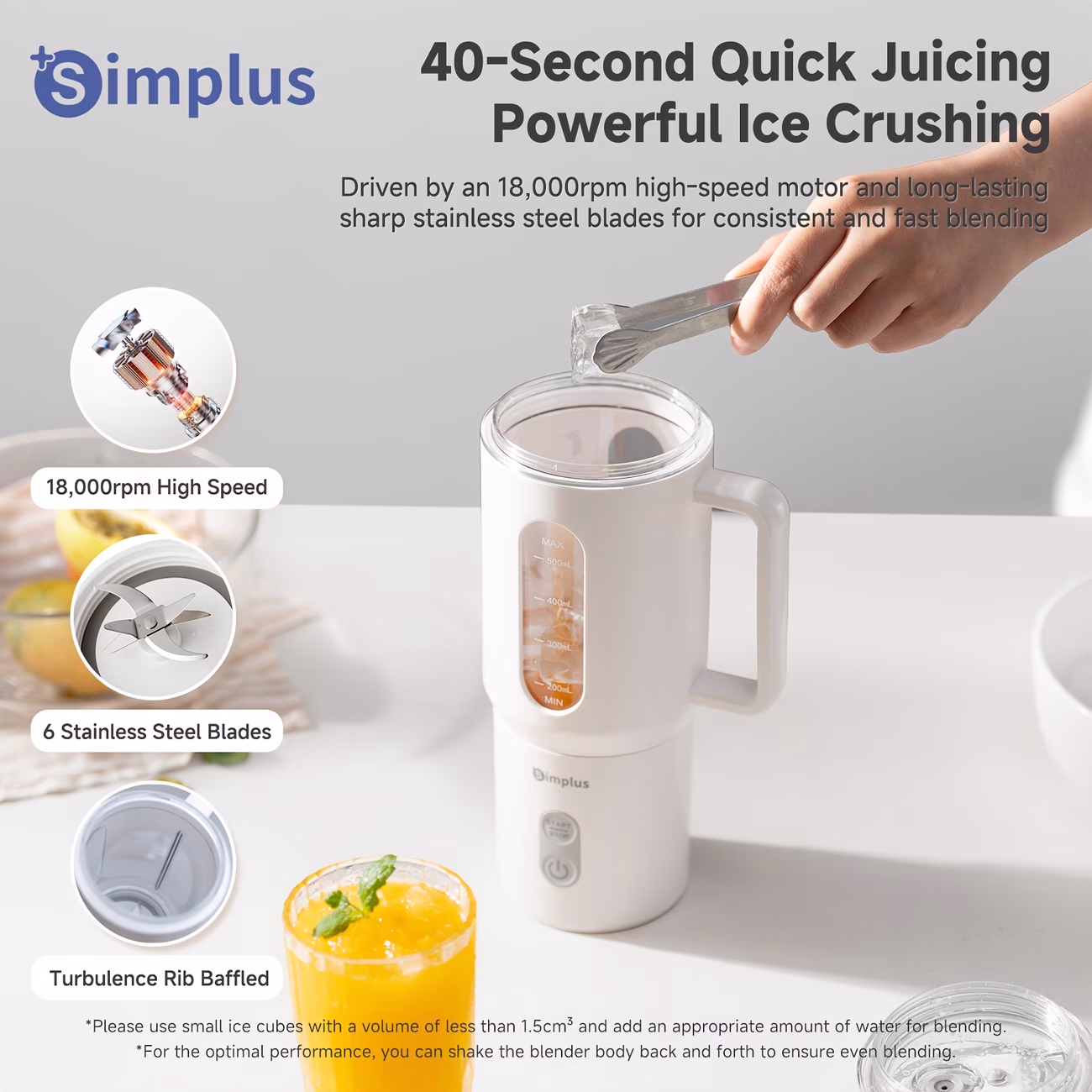 Simplus™ Portable Handheld Juicer Cup with USB-C Charging & Detachable Blade – 500ml Juicer Suitable for Fruit, Smoothies, Milkshakes, ABS Body & 304 Blade, Compact Lightweight for Travel – The Perfect Blending Device