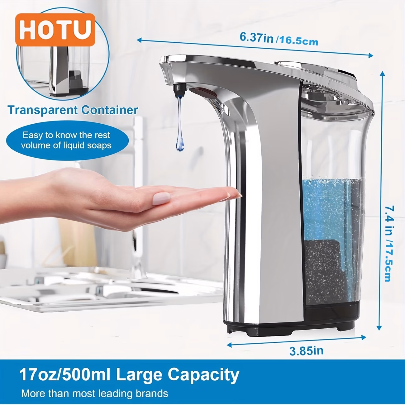 HOTU Automatic Soap Dispenser – Touchless Dish Soap Dispenser 17oz/500ml with Upgraded Infrared Sensor, 5 Adjustable Soap Dispensing Levels, Liquid Hand Soap Dispenser for Bathroom (Silvery Set)