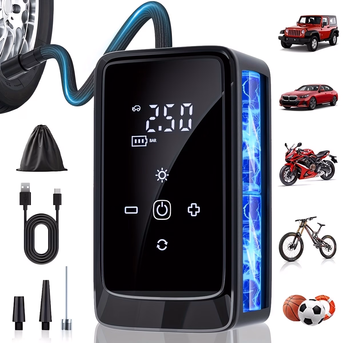 SUITU Portable Car Air Pump with LED Light and Digital Pressure Gauge – High-Power Tire Inflator, Wireless Handheld Design, USB Rechargeable Lithium Battery, Quick Inflation Device, Compact Pump Suitable for Car, Motorcycle, Bicycle Tires, and Balls