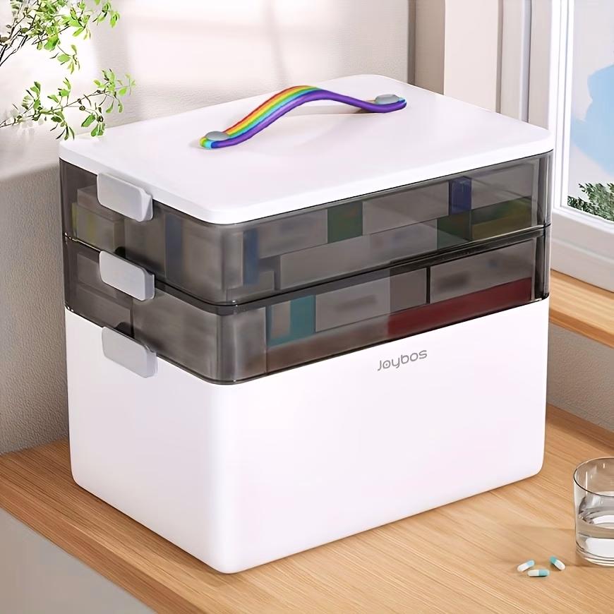 JOYBOS Extra-Large Family Medicine Storage Box with Viewing Window – Multi-Purpose First Aid Kit Organizer for Household, Travel, and Office Use – Secure, Space-Saving Sundries Storage Solution
