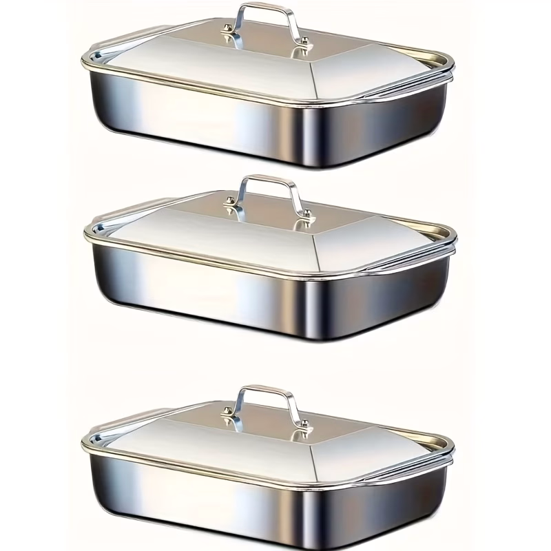 LDQ® 3pcs Large Heavy-Duty Stainless Steel Baking Pans with Lids – Thickened Non-Stick Rectangular Oven Pan Baking Grilling Tools, for Outdoor Power-Free Buffet Scenes, High-Efficiency Heat Conduction Design, for Desserts, Bread, Seafood Barbecues