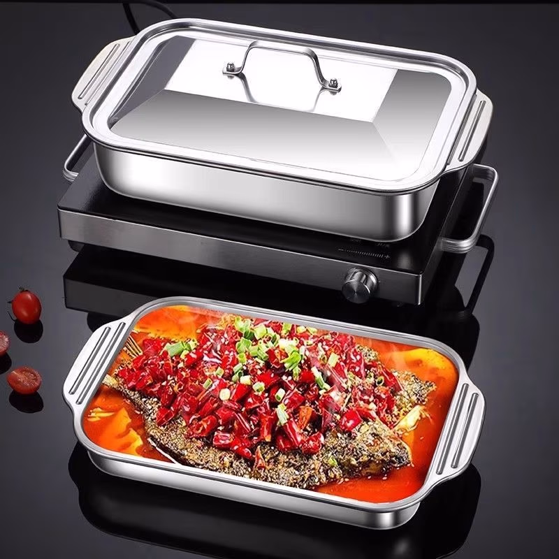 LDQ® 3pcs Large Heavy-Duty Stainless Steel Baking Pans with Lids – Thickened Non-Stick Rectangular Oven Pan Baking Grilling Tools, for Outdoor Power-Free Buffet Scenes, High-Efficiency Heat Conduction Design, for Desserts, Bread, Seafood Barbecues