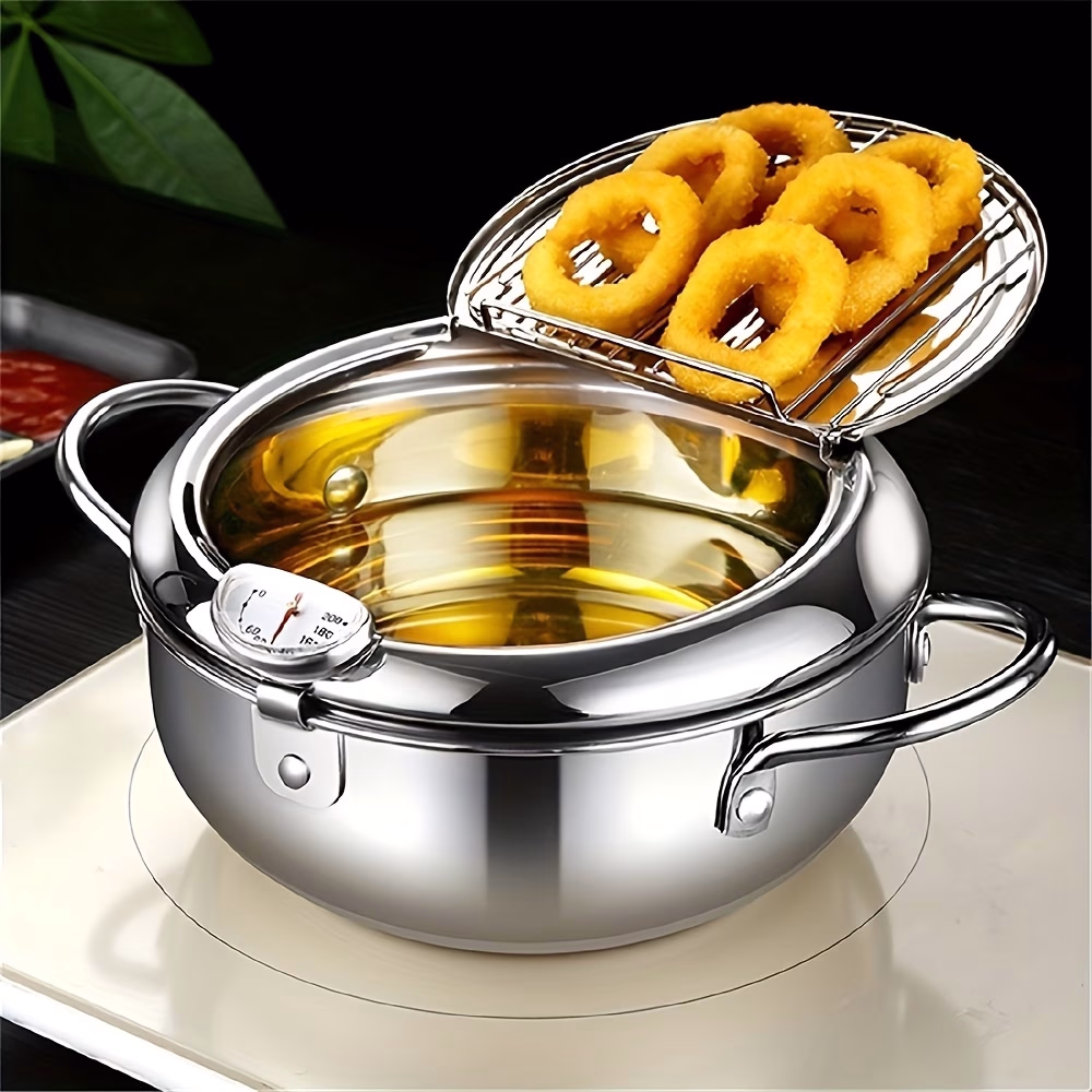 BAIJL Fryer with Thermometer, Lid, and Oil Drip Drain Rack – Suitable for Frying French Fries, Chicken Wings, and Shrimp, Compatible with Gas Stoves and Induction Cooktops, Kitchen Cookware and Kitchenware