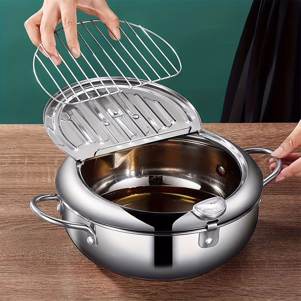 BAIJL Fryer with Thermometer, Lid, and Oil Drip Drain Rack – Suitable for Frying French Fries, Chicken Wings, and Shrimp, Compatible with Gas Stoves and Induction Cooktops, Kitchen Cookware and Kitchenware