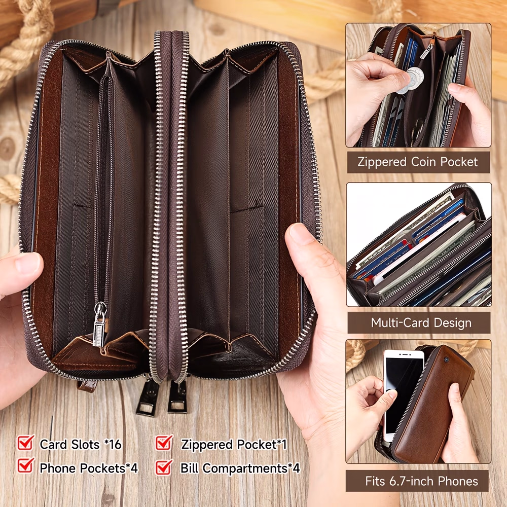 NIUCUNZH Top Layer Cowhide Men’s Clutch Bag – Retro Style, Large Capacity, Double Zipper Wallet