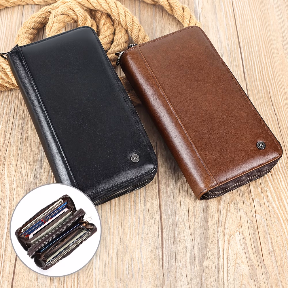 NIUCUNZH Top Layer Cowhide Men’s Clutch Bag – Retro Style, Large Capacity, Double Zipper Wallet