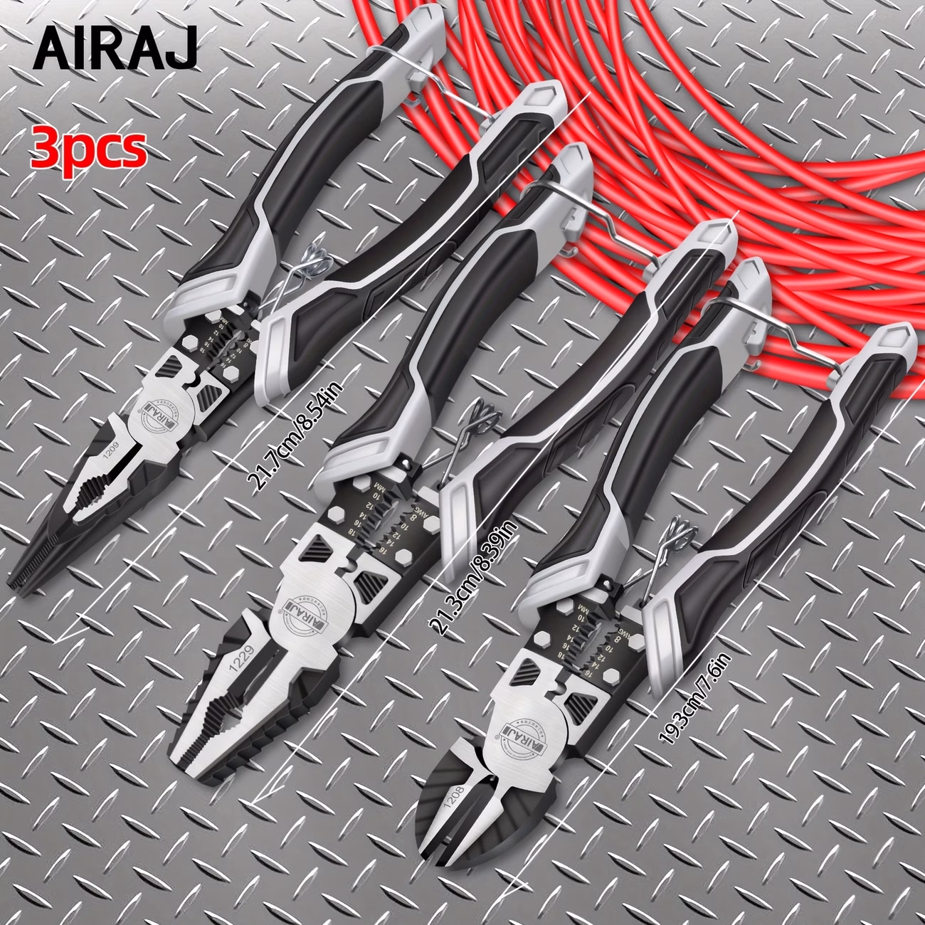 AIRAJ 3pcs Pliers Set – Large 6-In-1 Multifunctional Wire Stripper Crimper Cutter