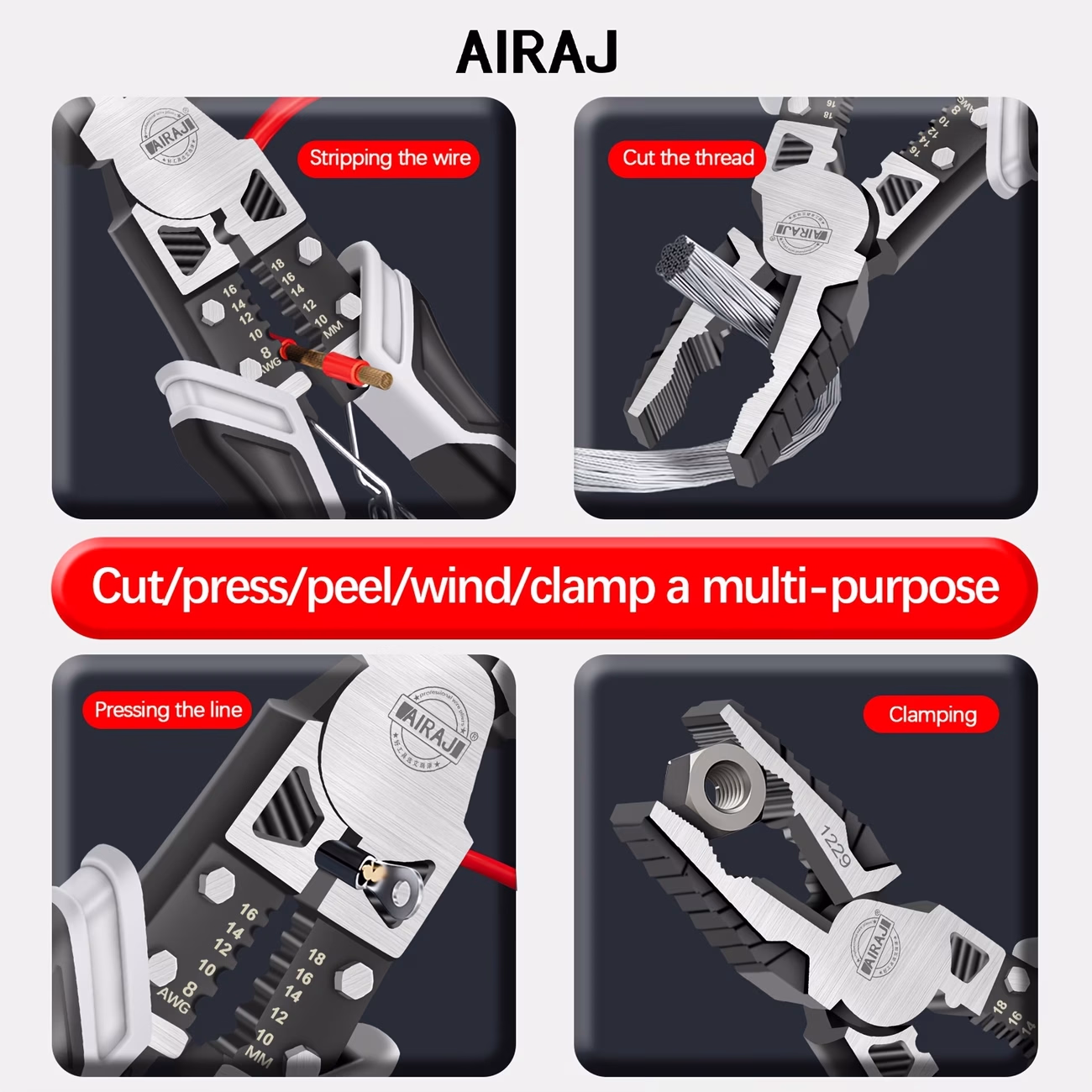 AIRAJ 3pcs Pliers Set – Large 6-In-1 Multifunctional Wire Stripper Crimper Cutter