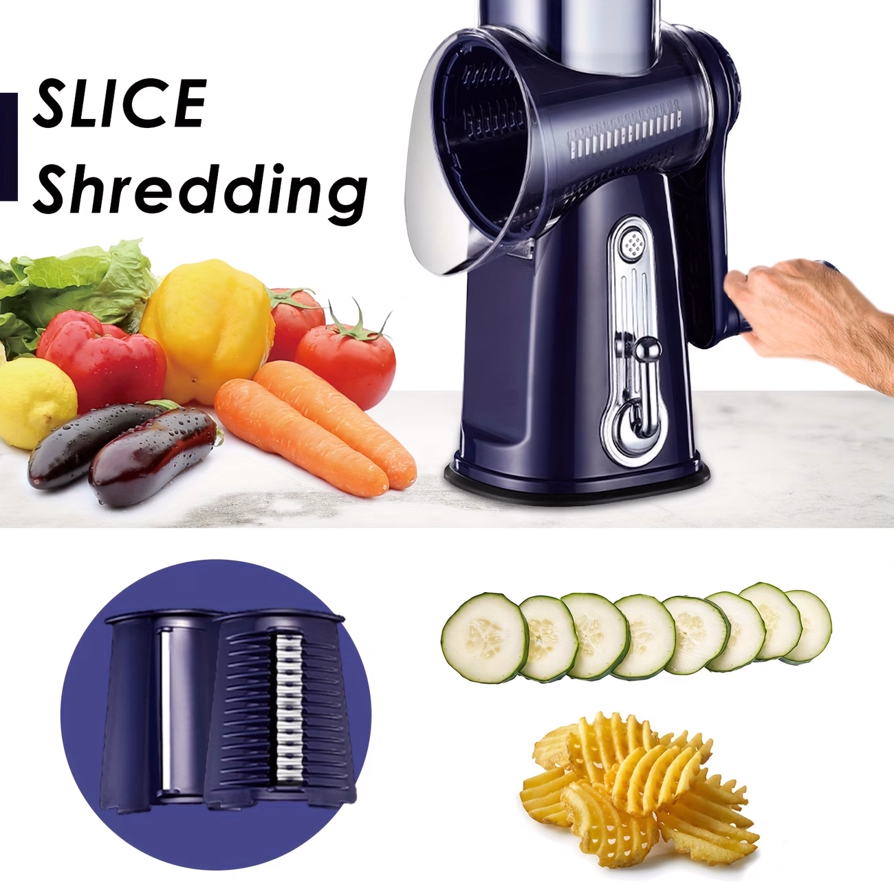 iWhale™ 5-in-1 Rotary Cheese Grater – Cheese Shredder, Round Slicer, Vegetable Slicer, and Walnuts Grinder