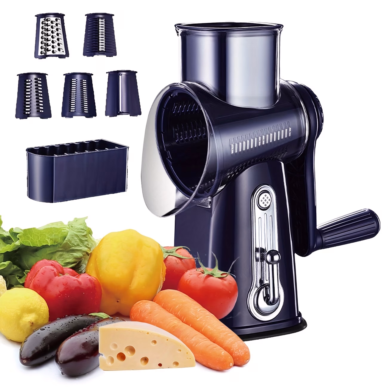 iWhale™ 5-in-1 Rotary Cheese Grater – Cheese Shredder, Round Slicer, Vegetable Slicer, and Walnuts Grinder