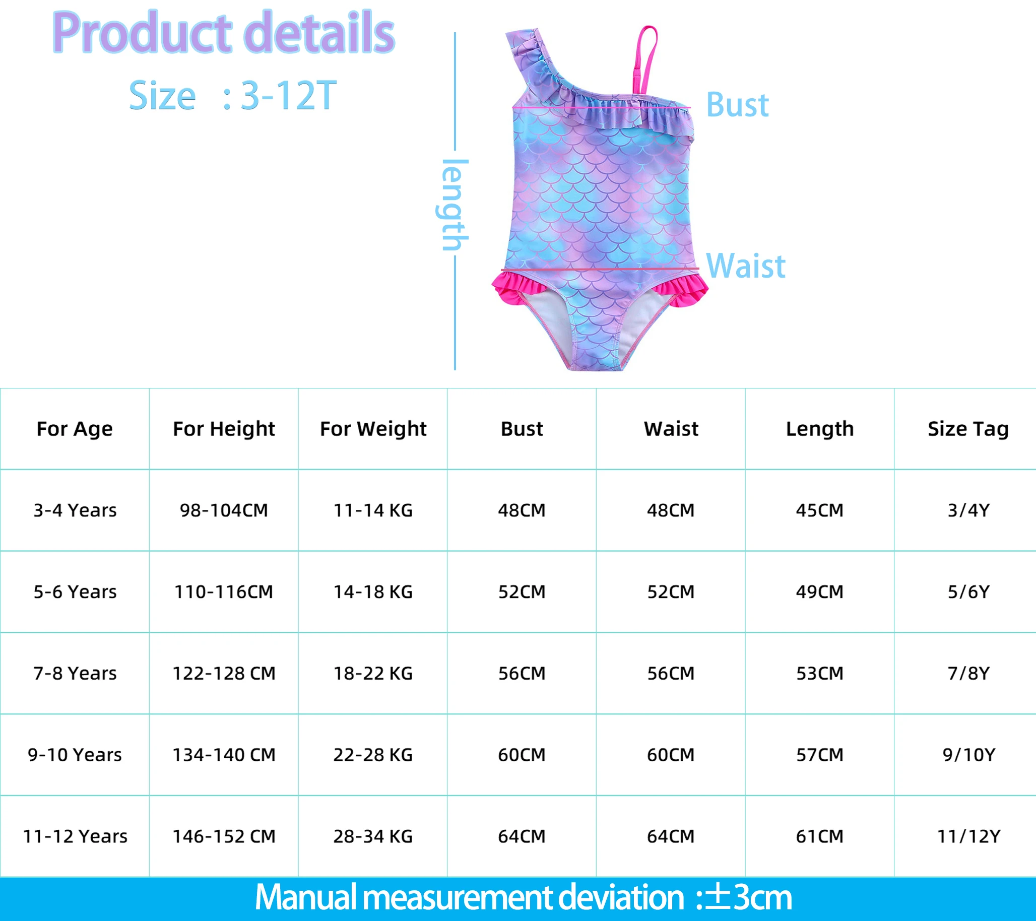Color: SKY BLUE, Size: XS - Stitch Girls Swimsuit Fashion Mermaid Fish Scale One-Piece Bathing Suits Children's Dresses Summer Swimwear Beach Suit Kids Wear