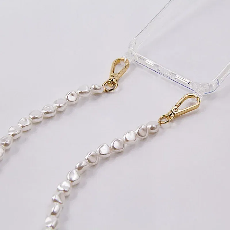 Color: cream, Bundle: Case & Strap, Material: PP - DIY Luxury Pearl Chain Crossbody Strap Shockproof Acrylic Lanyard Phone Case for iPhone 14 13 12 PRO 15 Pro Max X XS 12 MINI