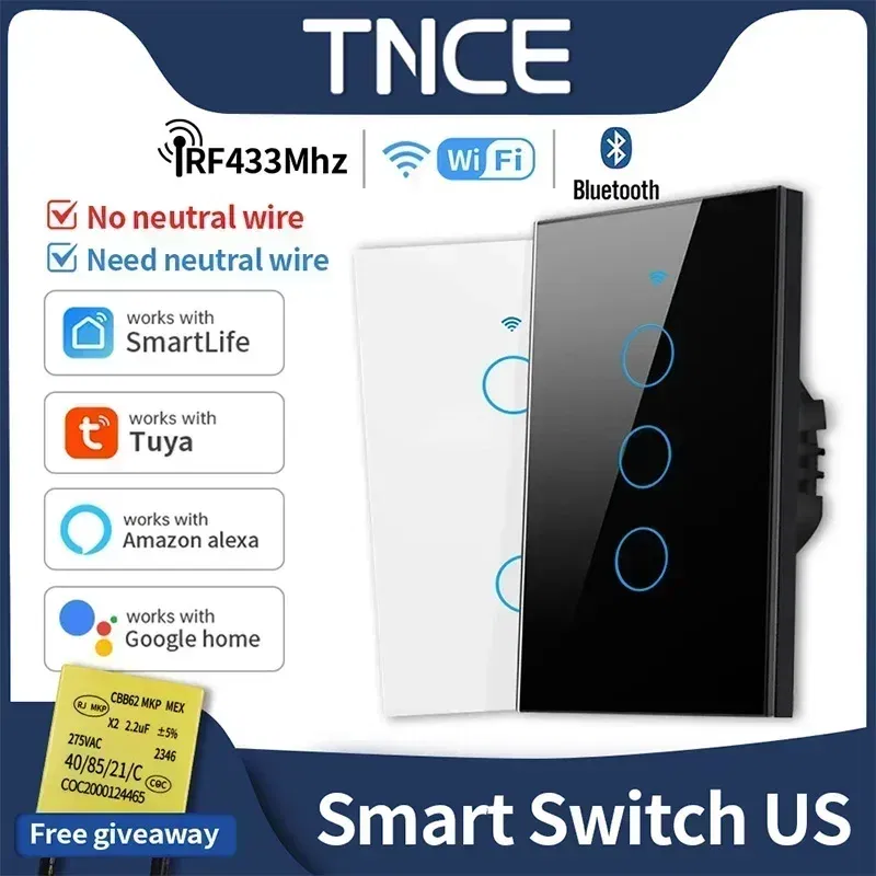Color: Yellow - Tuya US WiFi+Bluetooth Smart Switches No Neutral Wire Required 1/2/3/4 Gang Light WiFi Touch Switch Work with Alexa Google Home