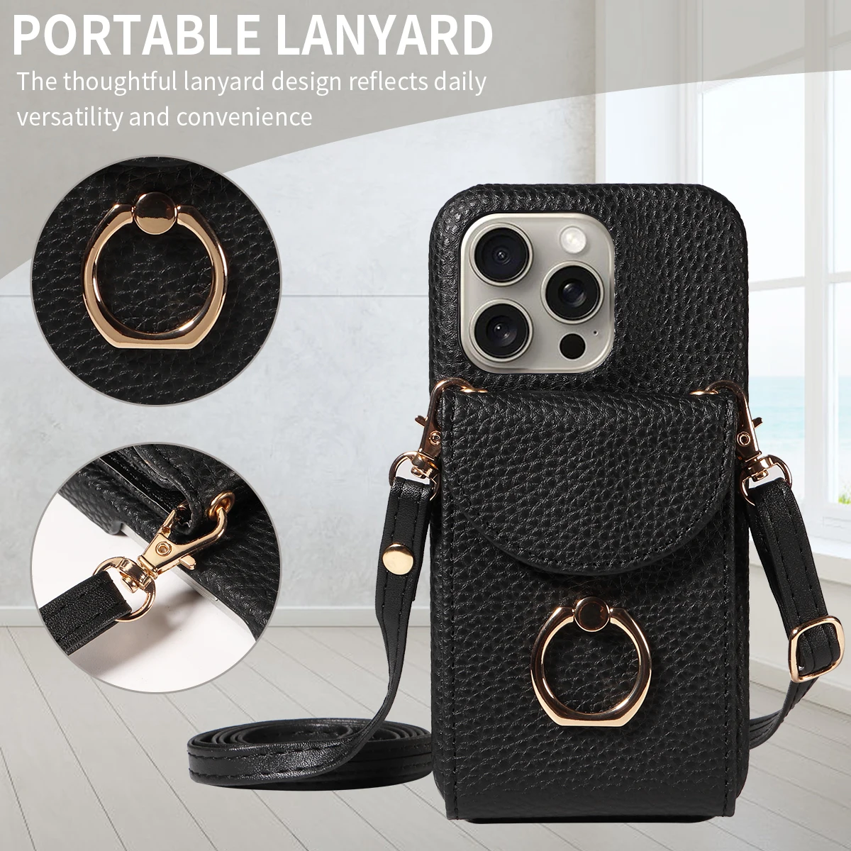 Color: black, Compatible-Phone Models: For iPhone 16 Pro Max, Bundle: Case & Strap, Material: Artificial Leather - High Quality Ring Stand Lychee Pattern Phone Case for IPhone16promax15 14 13 Crossbody with Lanyard PU Leather Anti-fall Cover