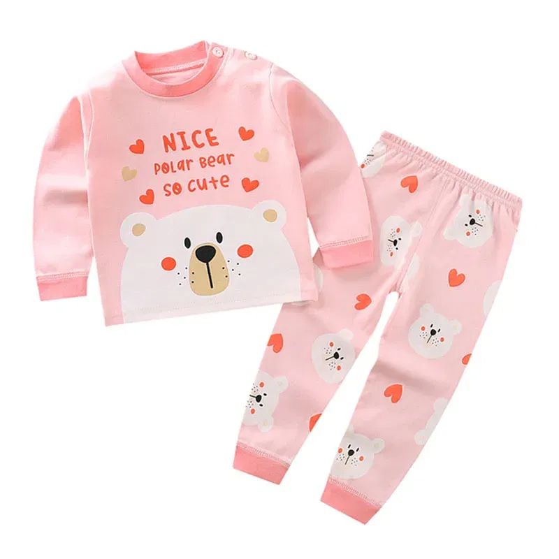 Color: Beige, Kid Size: 6T - Children Kids Clothes Sets  Boys Girls Suit Pajamas Clothinng Pants Cartoon Autumn Winter Sleepwear Outfits