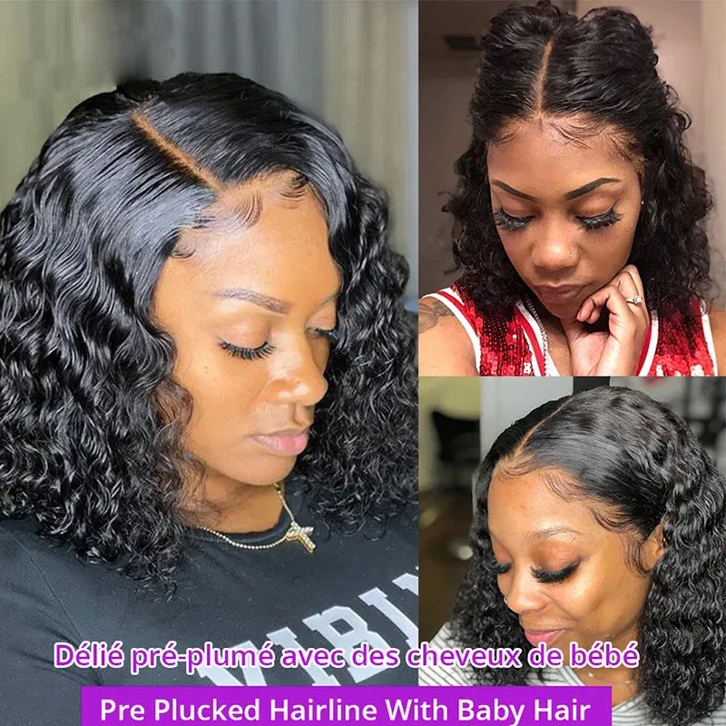 Density: 180%, Stretched Length: 14inches, Lace Wig Type: 4*4 - Deep Wave 180% Density Pre-Plucked Side Part Short Bob 13*4 Lace Frontal Brazilian Virgin Human Hair Wigs For Black Woman