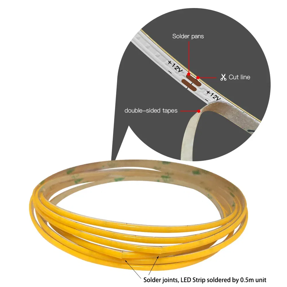 Emitting Color: Light Purple, Color: Yellow, Length: 0.5m - 2.7mm Ultra Slim COB LED Strip Lights 480LEDs/m Flexible Linear Light Tape Diode Ribbon Backlight Red Amber Purple Car Dimmable