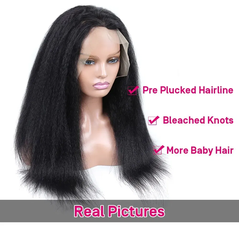 Color: Natural Color, Stretched Length: 20inches - Kinky Straight 13x4 Transparent Lace Front Wigs Human Hair 180% Density Pre Plucked Yaki Straight Human Hair Natural Color