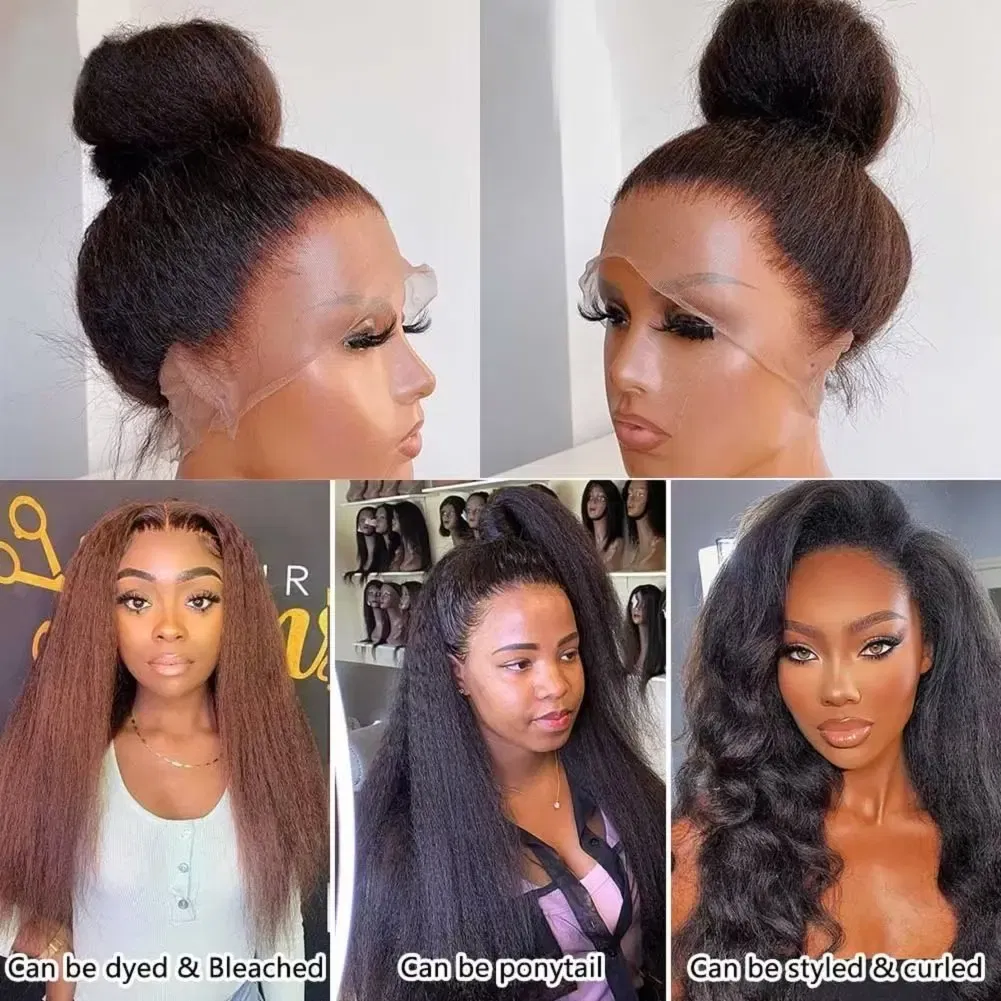 Color: Natural Color, Stretched Length: 20inches - Kinky Straight 13x4 Transparent Lace Front Wigs Human Hair 180% Density Pre Plucked Yaki Straight Human Hair Natural Color