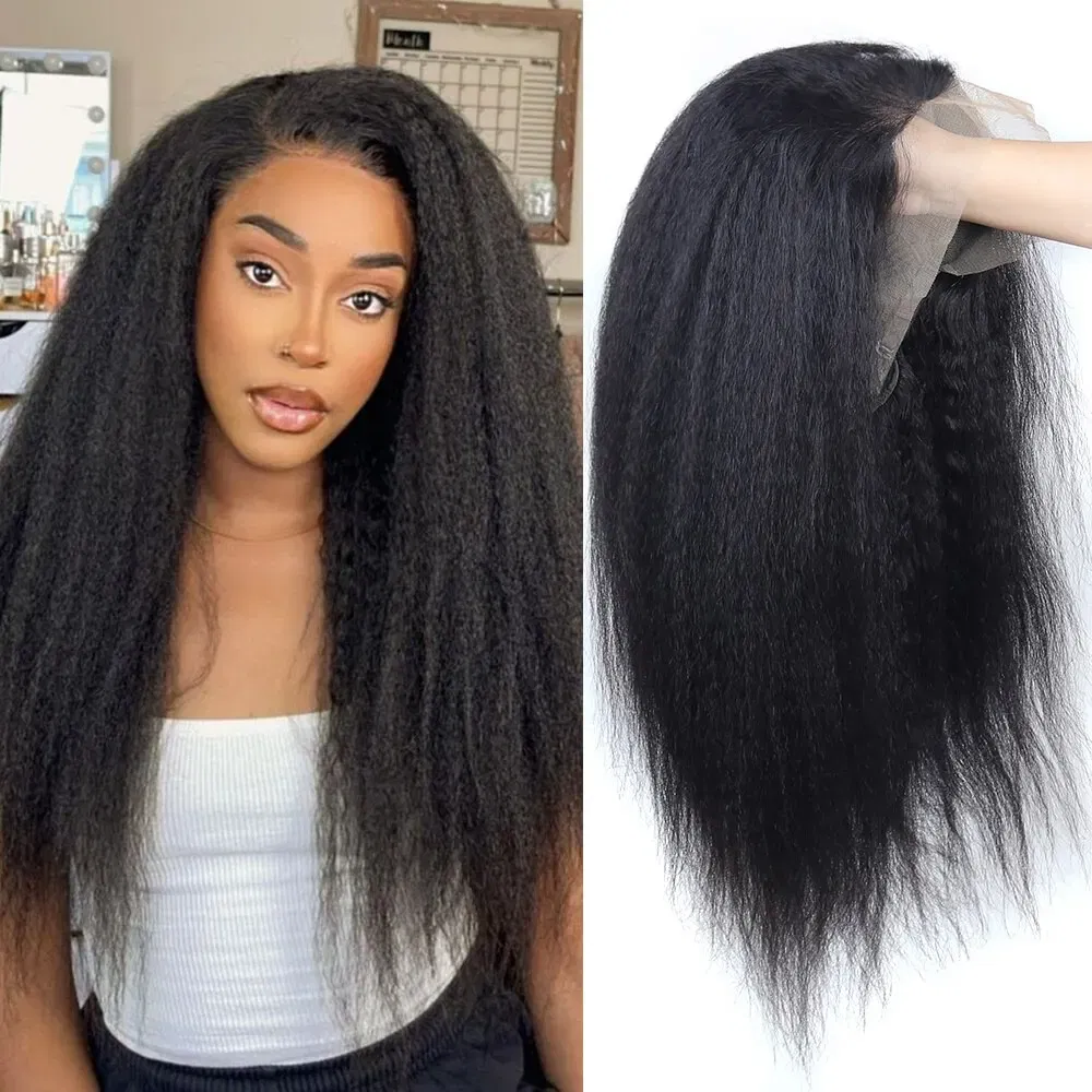 Color: Natural Color, Stretched Length: 20inches - Kinky Straight 13x4 Transparent Lace Front Wigs Human Hair 180% Density Pre Plucked Yaki Straight Human Hair Natural Color
