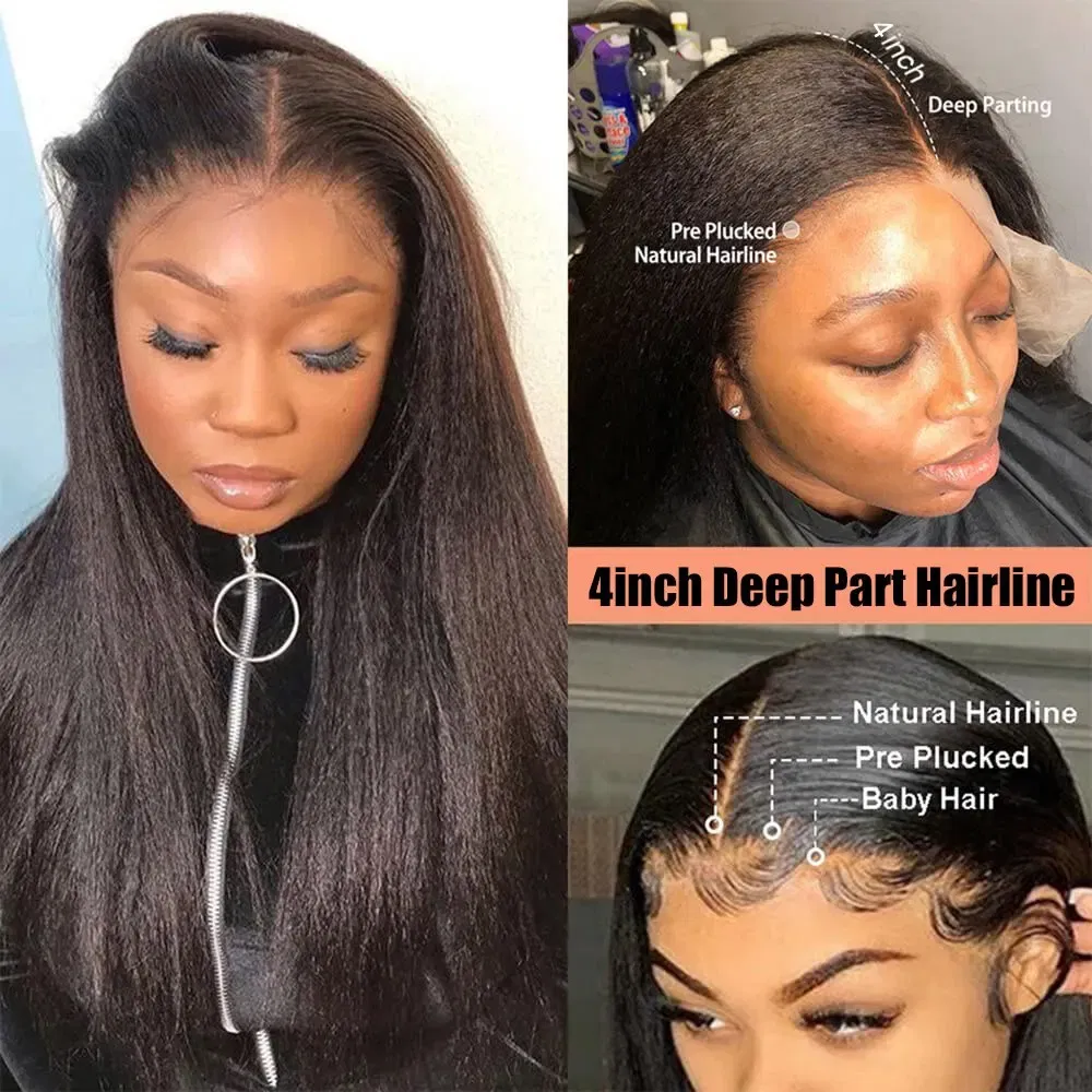Color: Natural Color, Stretched Length: 20inches - Kinky Straight 13x4 Transparent Lace Front Wigs Human Hair 180% Density Pre Plucked Yaki Straight Human Hair Natural Color