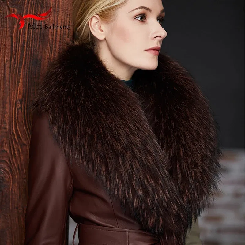 Color: green, Size: XXL - Real Raccoon Fur Scarves Woman 100% Pure Natural Raccoon Fur Collar Warm Winter Scarves Red Fox Fur Collar L#1