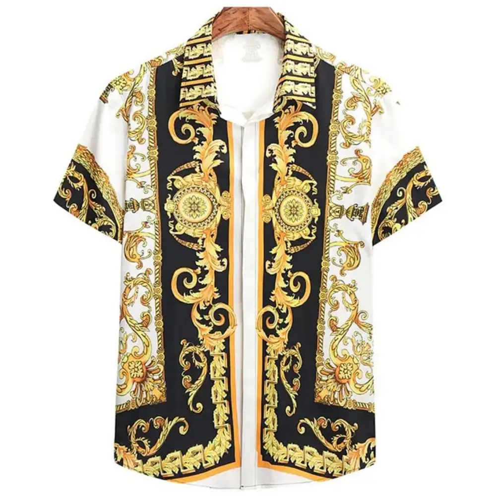 Color: Gold, Size: L - Summer Fashion Men's Short Sleeve Casual Shirts Luxury Style Gold Printed Tops Everyday Casual Wear Men's Shirts Oversized Tops
