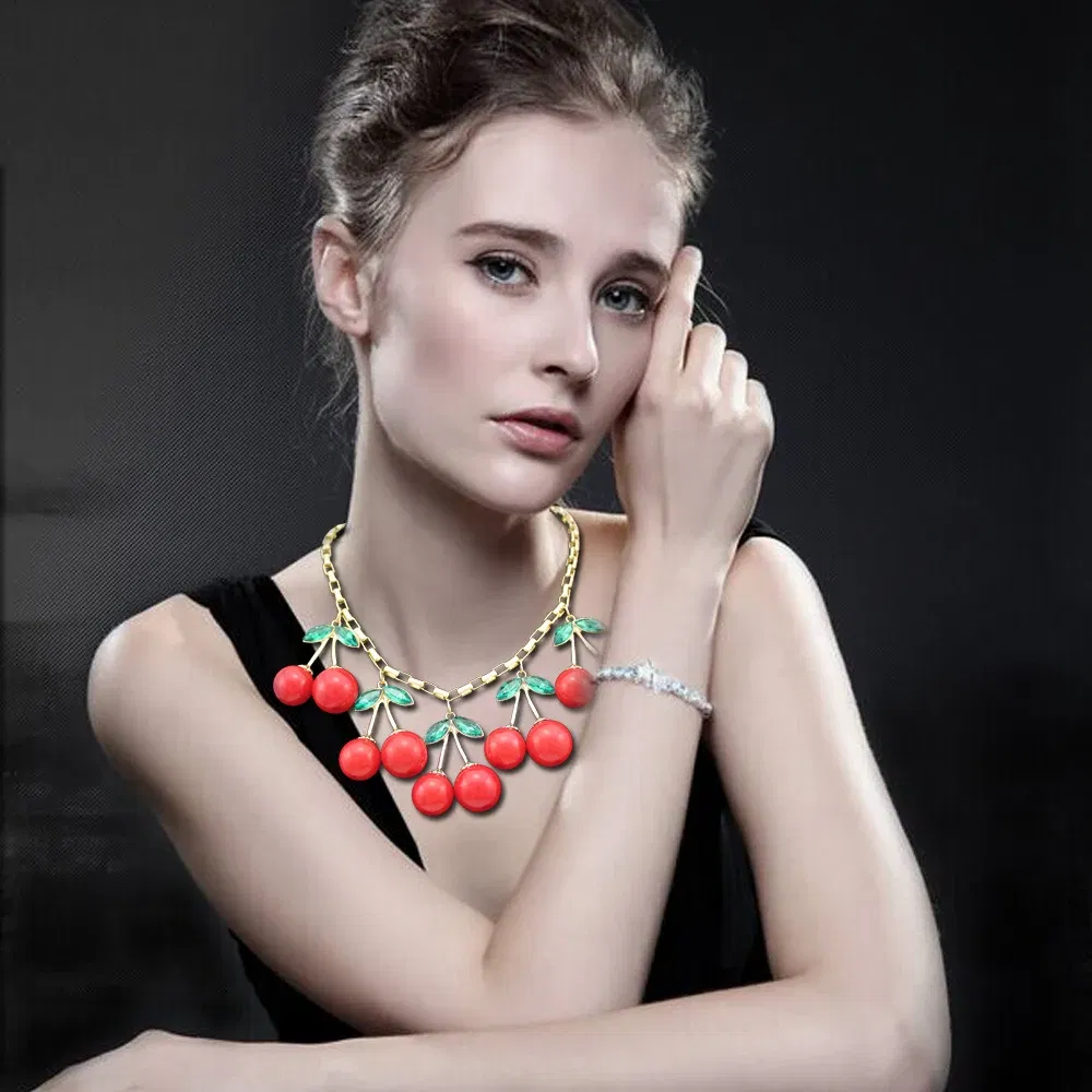 Metal Color: Light Yellow Color - Statement 10 Big Red Cherry Pendant Chain Crystal Choker Sweet Collar Bib Necklace Fashion Personality Party Jewelry Gifts