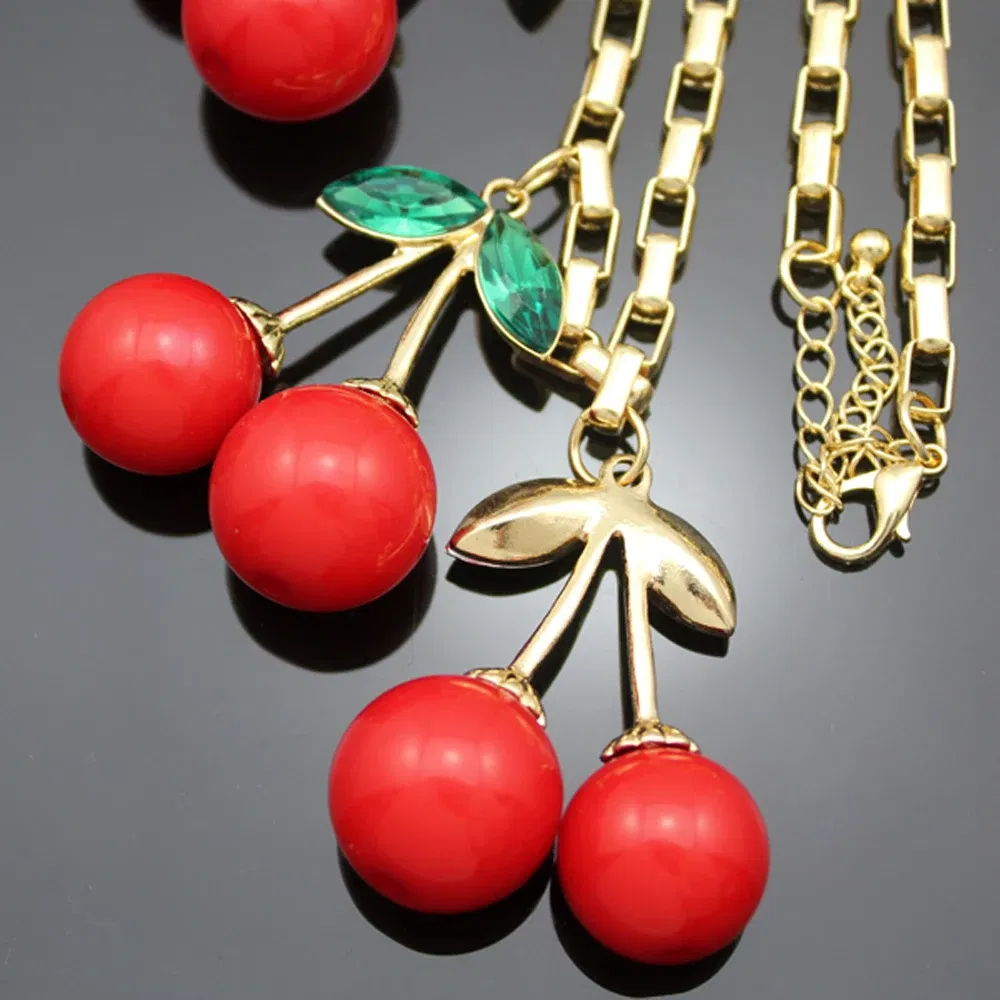 Metal Color: Light Yellow Color - Statement 10 Big Red Cherry Pendant Chain Crystal Choker Sweet Collar Bib Necklace Fashion Personality Party Jewelry Gifts