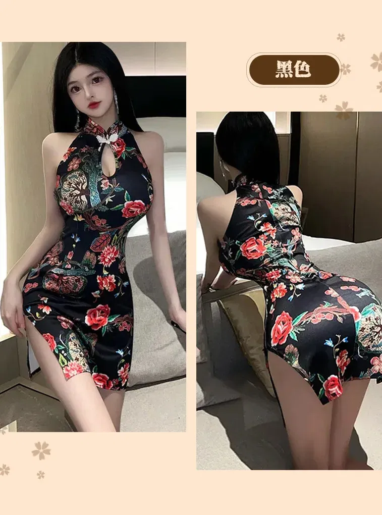 Size: S, Color: black - Sexy Classical Printed Cheongsam Slim Uniform Dress Elegant Fashion Sweet Women Mini Dress Sexy Tops 2024 New Fashion I491