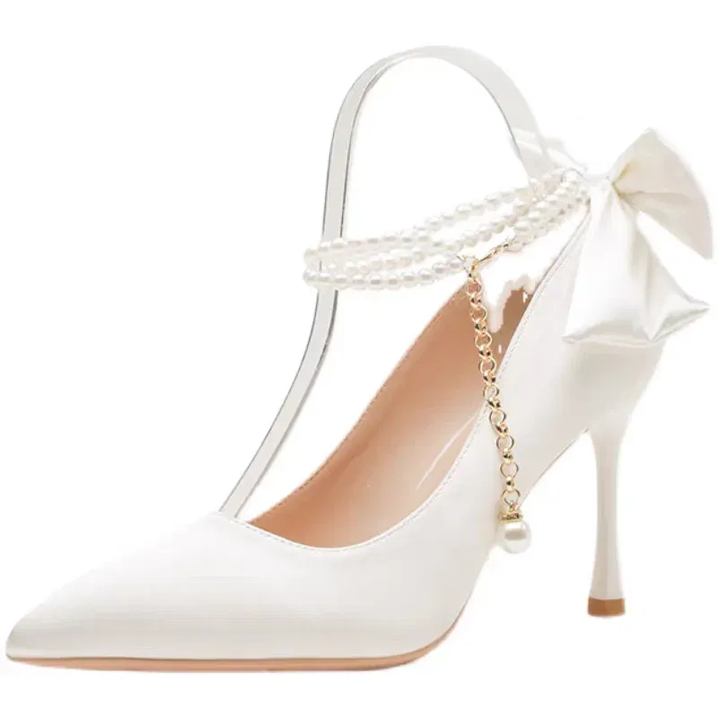 Color: Beige, Shoe Size: 35 - Size 35-40 Stiletto Heel Point Toe Pearls Buckle Belt 9cm High Heel Ladies Bow Satin Fabric White Wedding Shoes Women Pumps