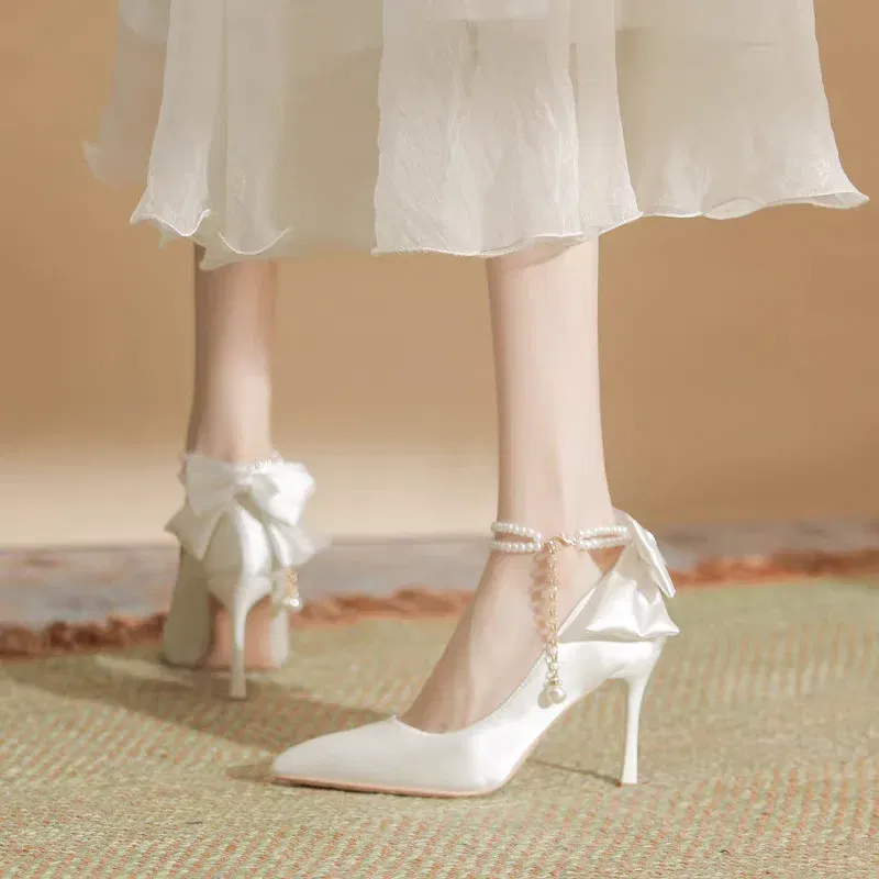 Color: Beige, Shoe Size: 35 - Size 35-40 Stiletto Heel Point Toe Pearls Buckle Belt 9cm High Heel Ladies Bow Satin Fabric White Wedding Shoes Women Pumps