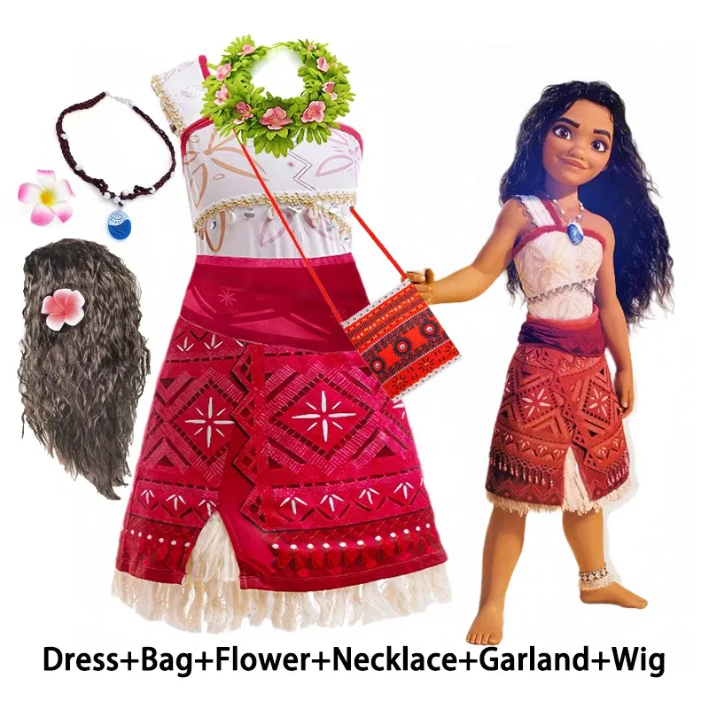 Color: green, Kid Size: 15t - Disney Movie Moana 2 Girl Dress Cosplay Party Costume Ocean Adventure Princess Fancy Clothes Children Vaiana Outfit Dress