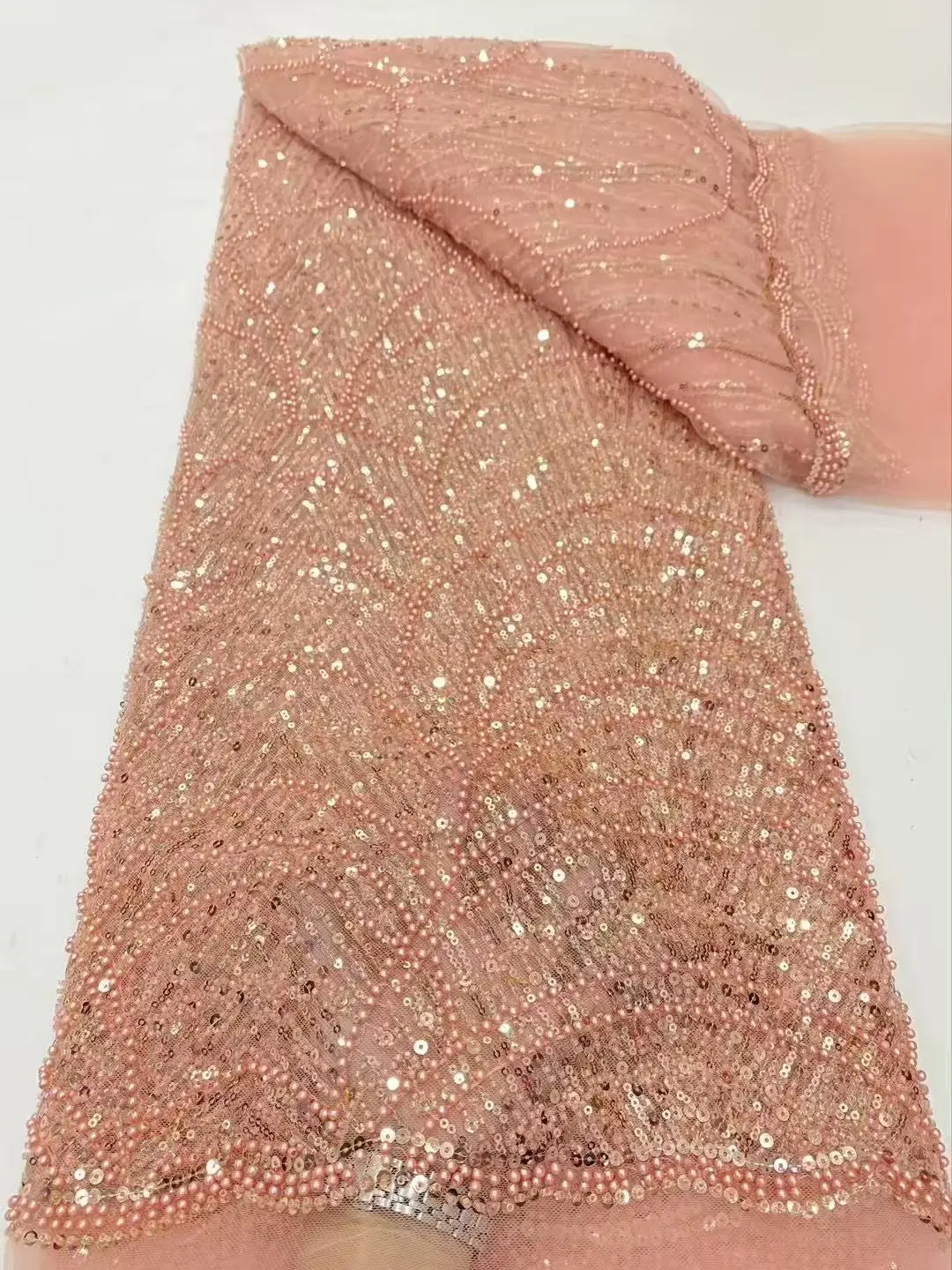 Color: Red, Width: 120cm, Length: 5 yards - Luxury Sky Blue French Tulle Lace Fabric with Sequins Beads for Bridal Dress Nigerian Groom High Quality African Wedding Gown Ma